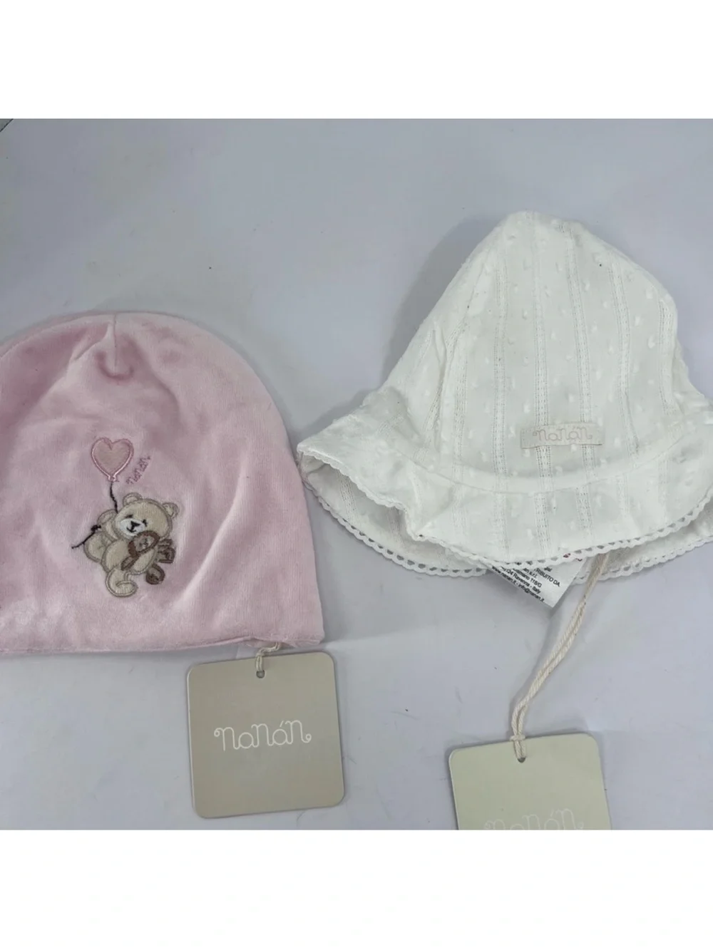 NWT Baby Girl Hat Bundle 6-12M Pink Teddy Beanie & White Eyelet Sun Hat NWT